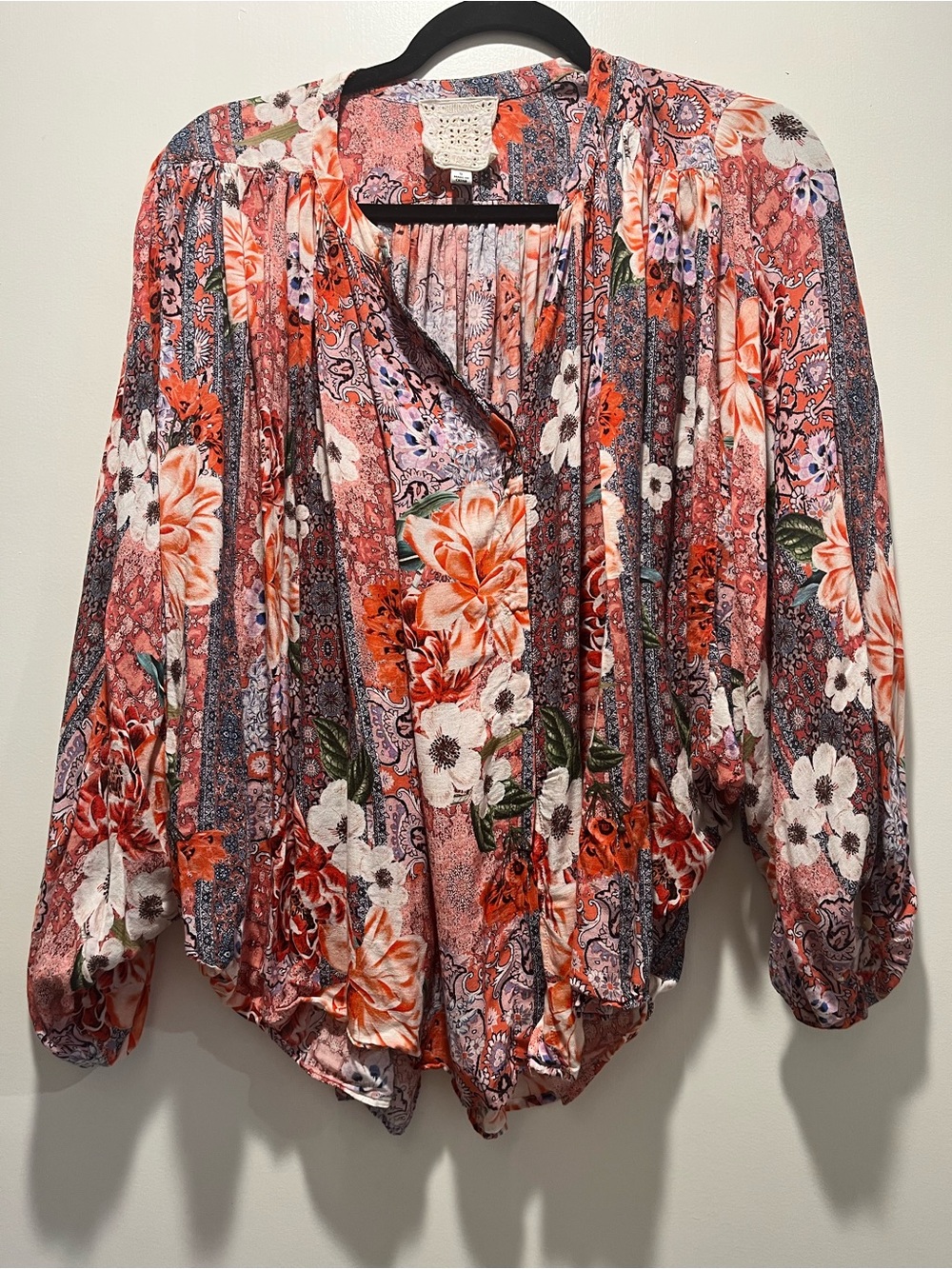 Johnny Was Coral and White Floral Boho Peasant Blouse